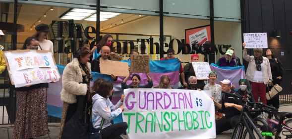 Protestors demand the Guardian newspaper 'stop platforming transphobia'.