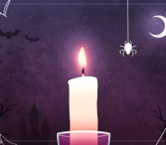 An illustration of a candle in front of a moody purple sky, with bats and spiders