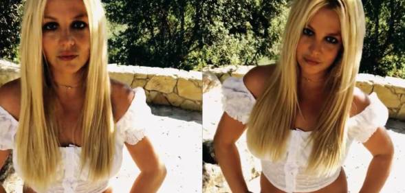 Side by side stills from a video posted onto Britney Spears' social media accounts where she is seen posing in a white top and matching shorts