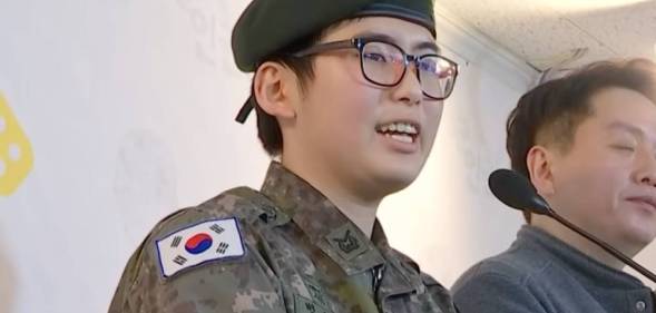 an image of staff sergeant Byun Hee-soo, South Korea's first trans soldier, during a news conference