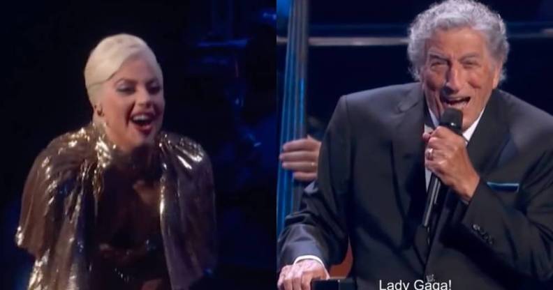 a side by side image of Lady Gaga and Tony Bennett onstage