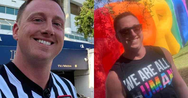 WWE referee Shawn Bennett side by side images one with him in a referee's uniform and the an LGBT+ themed shirt