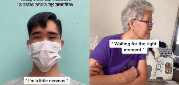 A side by side image from a TikTok video shows a man with a face mask with the worlds 'Today's the day I decided to come out to my grandma I'm a little nervous' on one side and a picture of his grandma with the worlds 'waiting for the right time' on it