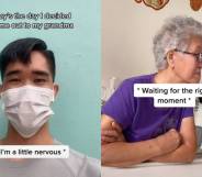 A side by side image from a TikTok video shows a man with a face mask with the worlds 'Today's the day I decided to come out to my grandma I'm a little nervous' on one side and a picture of his grandma with the worlds 'waiting for the right time' on it