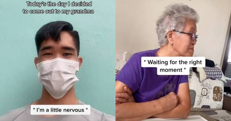 A side by side image from a TikTok video shows a man with a face mask with the worlds 'Today's the day I decided to come out to my grandma I'm a little nervous' on one side and a picture of his grandma with the worlds 'waiting for the right time' on it