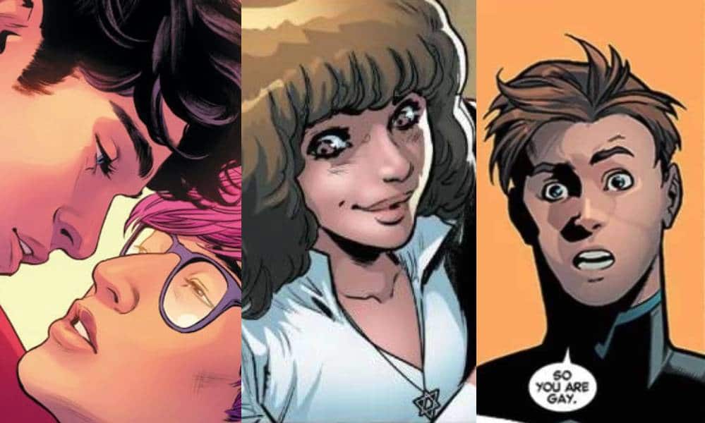 Side by side images of iconic coming out moments across DC and Marvel comics including Superman, Kate Pryde and Iceman
