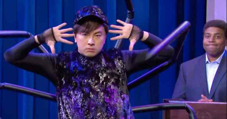 Bowen Yang portrayed a child playing a daddy long legs during a school assembly about bugs