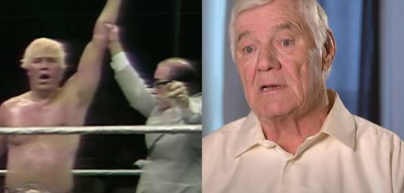 An image of Pat Patterson from when he was a professional wrestler and a later interview after he retired