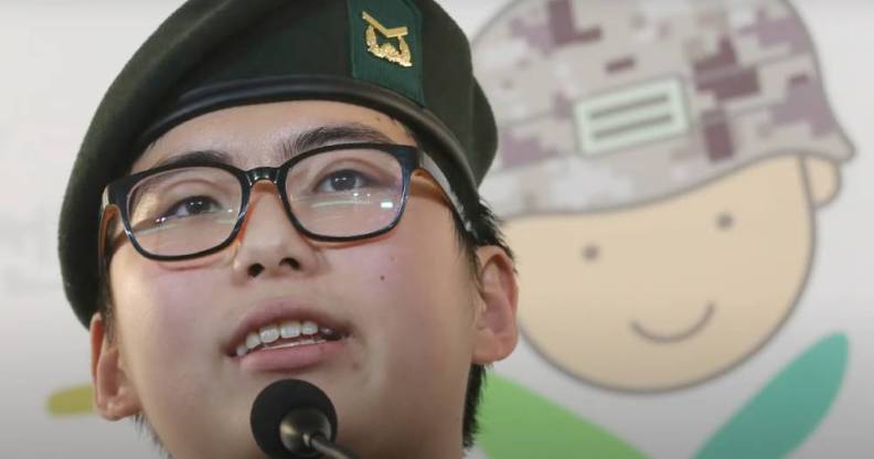 A picture of South Korea's first openly trans soldier Byun Hee-soo at a press conference