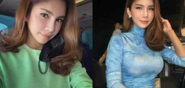 Side by side pictures of Nur Sajat from her Instagram account. In one picture, she is wearing a green top with a face mask dangling from her ear. In the other picture, she is wearing a blue top
