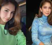 Side by side pictures of Nur Sajat from her Instagram account. In one picture, she is wearing a green top with a face mask dangling from her ear. In the other picture, she is wearing a blue top
