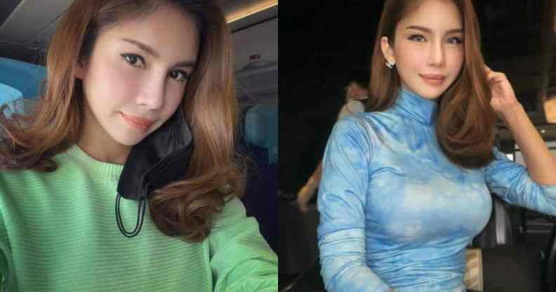 Side by side pictures of Nur Sajat from her Instagram account. In one picture, she is wearing a green top with a face mask dangling from her ear. In the other picture, she is wearing a blue top
