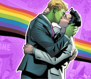 Wiccan and Hulking kissing infront of a rainbow Pride flag