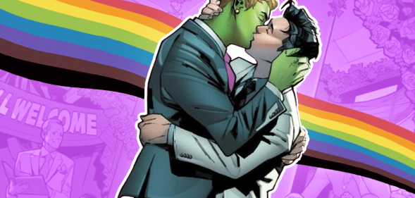 Wiccan and Hulking kissing infront of a rainbow Pride flag