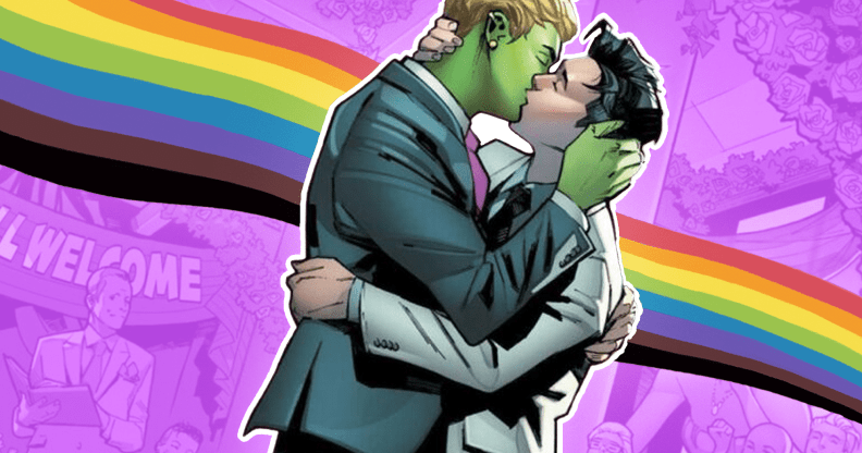 Wiccan and Hulking kissing infront of a rainbow Pride flag