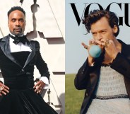 On the left: Billy Porter wearing a black dress. On the right: Harry styles wearing a dress on the cover of Vogue