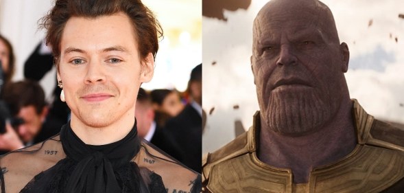 On the left: Headshot of Harry Styles. On the right: Screenshot of Thanos in Avengers: Infinity War