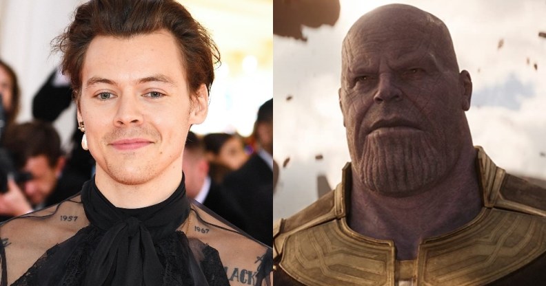On the left: Headshot of Harry Styles. On the right: Screenshot of Thanos in Avengers: Infinity War