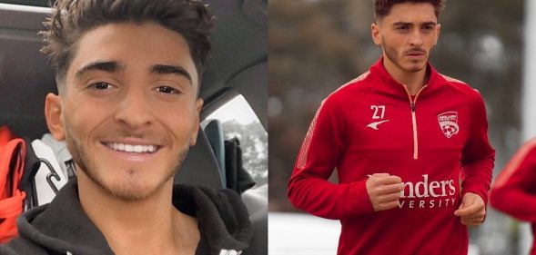Side-by-side of Josh Cavallo smiling at the camera and then the player on the pitch in a red uniform