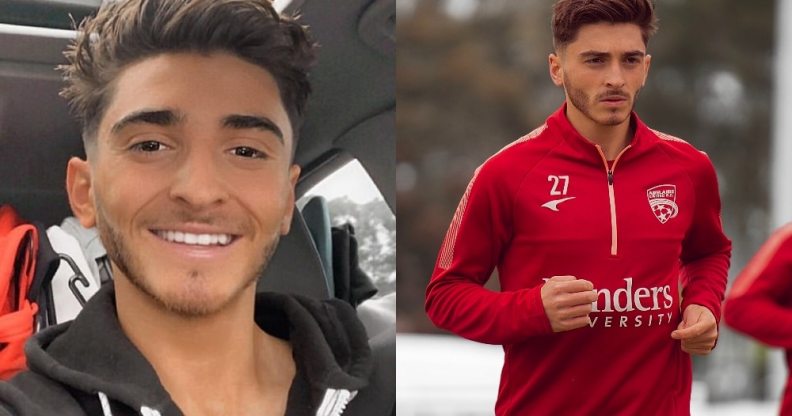 Side-by-side of Josh Cavallo smiling at the camera and then the player on the pitch in a red uniform