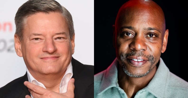 Headshots of Ted Sarandos and Dave Chappelle