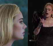 Adele on the album artwork for 30 and Adele performing on stage