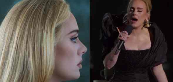 Adele on the album artwork for 30 and Adele performing on stage