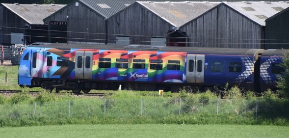 ScotRail train with LGBT+ pride flag