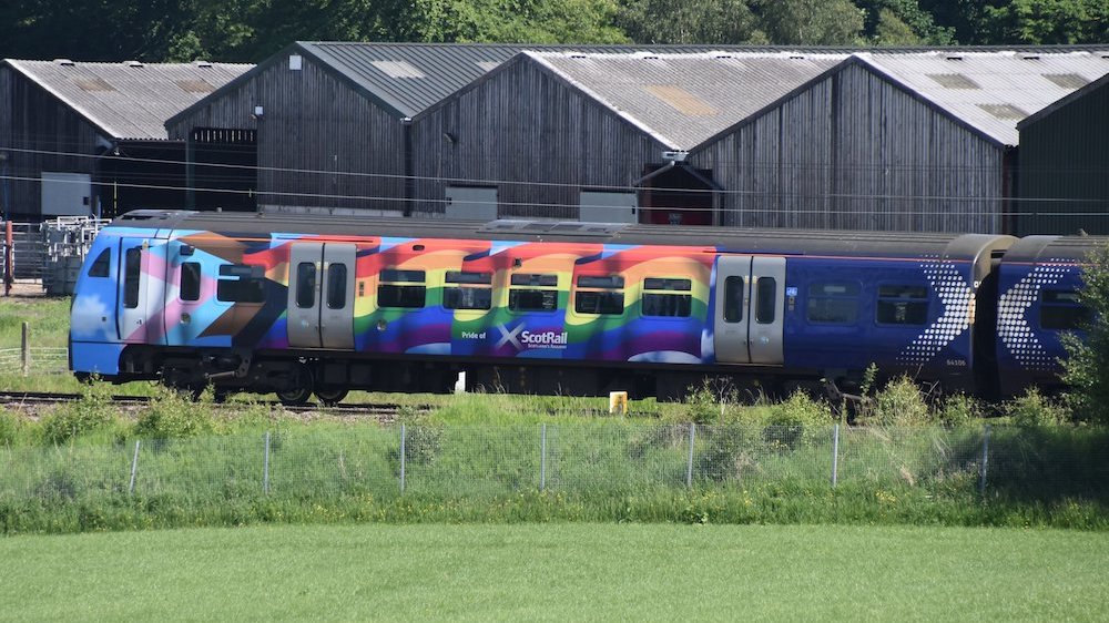 ScotRail train with LGBT+ pride flag