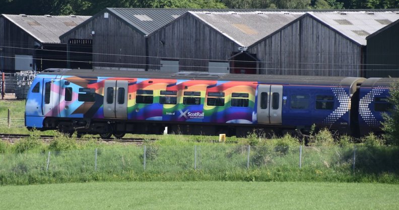 ScotRail train with LGBT+ pride flag