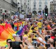 Huge crowd of participants with rainbow colours during the parade. The biggest ever, Pride In London parade in central London.
