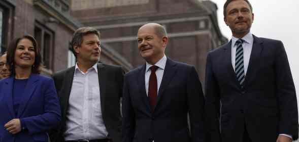 SPD chancellor-elect Olaf Scholz, FDP leader Christian Lindner, and Annalene Baerbock and Robert Habeck, co-leaders of the Greens Party