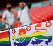 A view of a rainbow themed England football flag