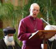 Anglican archbishop Justin Welby of Canterbury speaks at a podium