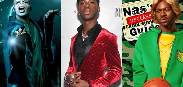 side by side pictures of lil nas x in a costume as lord voledmort from the harry potter franchise, a picture of him just in a red suit jacket and also as seth powers from ned's declassified school survival guide