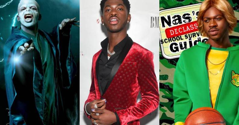 side by side pictures of lil nas x in a costume as lord voledmort from the harry potter franchise, a picture of him just in a red suit jacket and also as seth powers from ned's declassified school survival guide