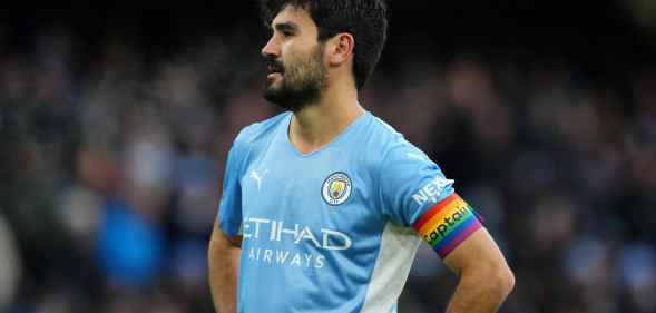 Ilkay Guendogan of Manchester City wears a rainbow captain's armband for the Stonewall Rainbow Laces campaign