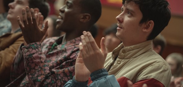 Connor Swindells as Adam Groff, Ncuti Gatwa as Eric Effiong, Asa Butterfield as Otis Milburn in Sex Education.