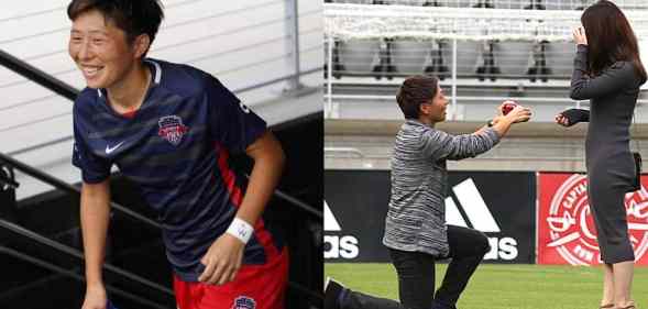 side by side images of Washington Spirit's Kumi Yokoyama and then an image of Kumi proposing to their girlfriend