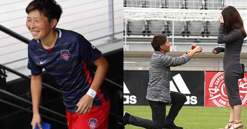 side by side images of Washington Spirit's Kumi Yokoyama and then an image of Kumi proposing to their girlfriend
