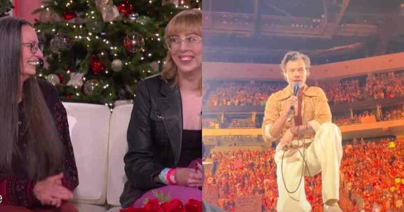 Side by side images of McKinley McConnell and her mum Lisa appearing on the Ellen DeGeneres Show and a still from McKinley's TikTok of Harry Styles helping her come out to her mum