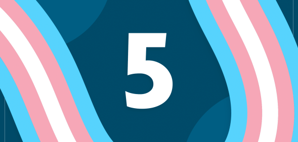 The number five with the colours of the trans Pride flag