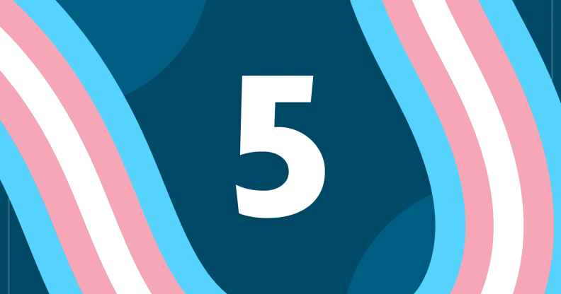 The number five with the colours of the trans Pride flag