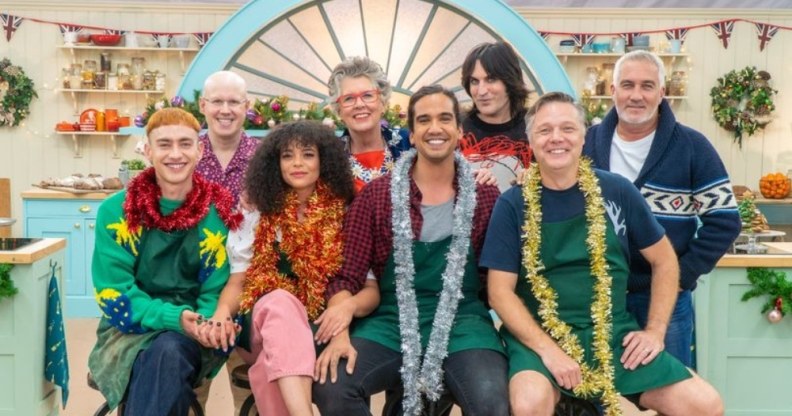 The It's a Sin cast posing alongside the GBBO judges and hosts