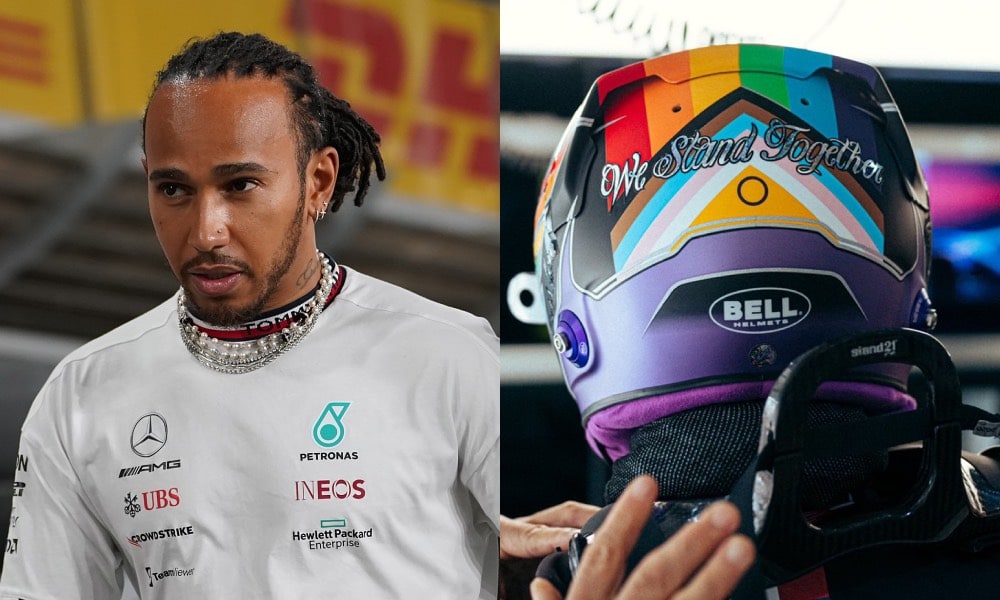 Lewis Hamilton/ a picture of his Pride helmet