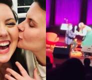 Mary Lambert showing her engagement ring off while her fiancée kisses her on the cheek