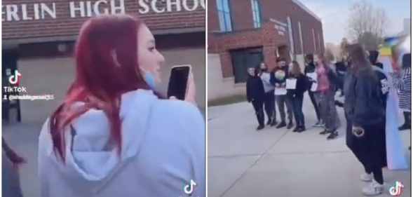 Berlin High School pupils staging a protest after a transgender teen was allegedly assaulted