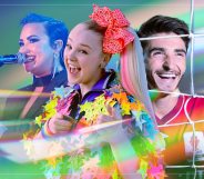 A rainbow graphic of Demi Lovato, JoJo Siwa and Josh Cavallo