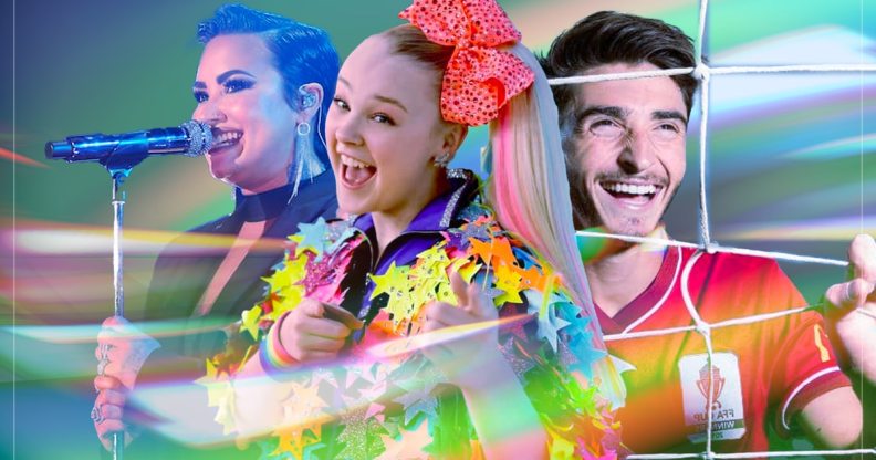 A rainbow graphic of Demi Lovato, JoJo Siwa and Josh Cavallo