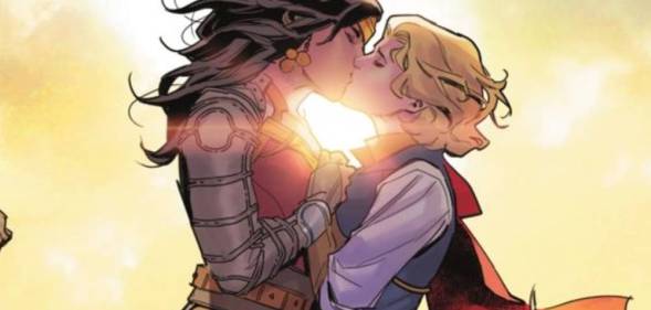 Wonder Woman kisses princess Zala-El in DC's new medieval, fantasy limited series "Dark Knights of Steel"